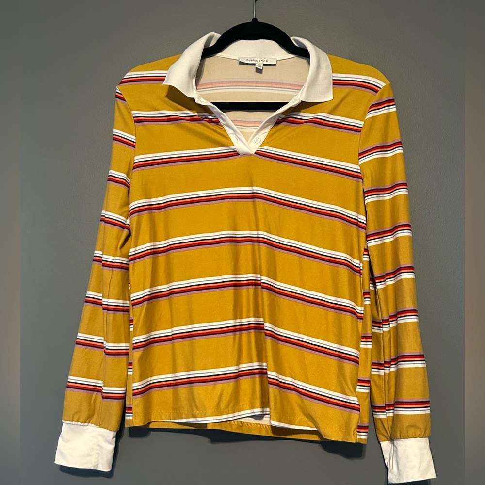 Purple Snow brand long sleeved striped collared shirt size M medium